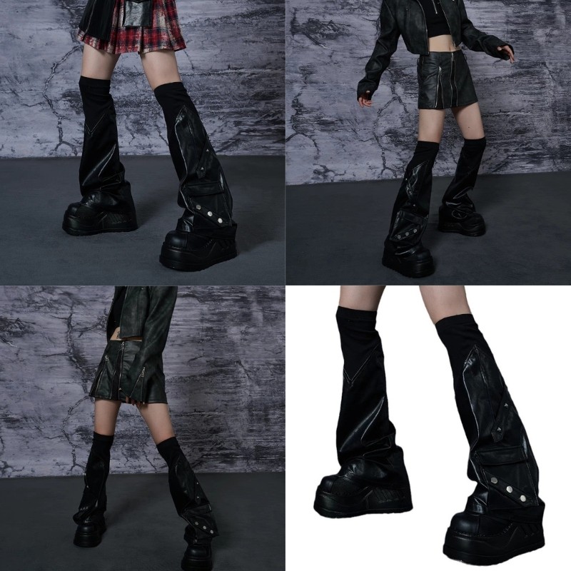 Vic Womens Punk Over Knee Ribbed Top Leather Leg Warmers with Rivet Studded Flared Bông Tai Kẹp Baggy Boot Cover Footless S