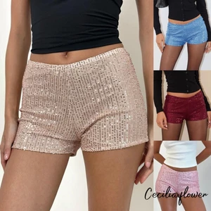 Nữ Mùa Hè Thấp Tầng Quần Short Co Giãn Eo Dạo Phố Kim Sa Lấp Lánh Quần Short Nóng