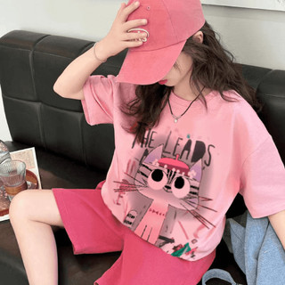 Set đồ bé gái mùa hè kiểu dáng Hàn Quốc – Áo thun mèo in hình + quần short lửng dễ thương