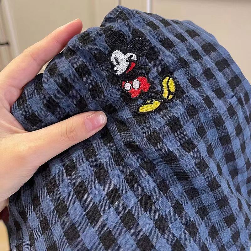 quần kẻ sọc ống rộng Quần kẻ caro xanh in hình Mickey, phong cách Hàn Quốc, quần thư giãn ở nhà