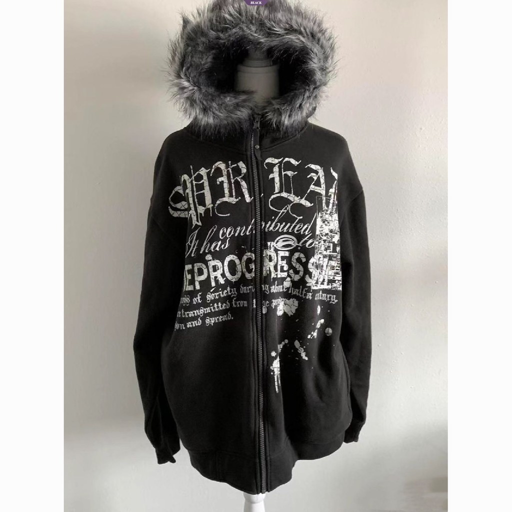 Mỹ Retro Đen Có Mũ Trùm Đầu Nữ Chữ Cái Mùa Thu Đông Đệm Zip Áo Cardigan Mới Áo Khoác Cổ Lông [BL]