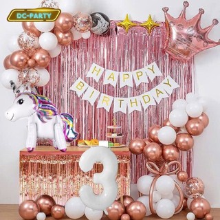 Set Bóng Trang Trí Sinh Nhật Tuổi Meo,tuổi Mão, thôi nôi, 12 con giáp cho bé gái - bé trai SNTE-RÈM HỒNG 3-NGỰA TRẮNG