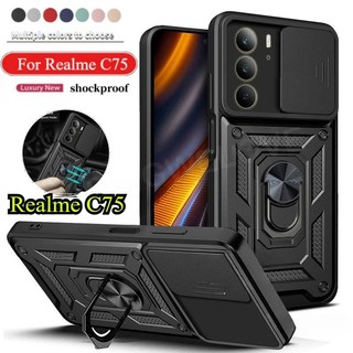 Ốp Điện Thoại Cho Realme C75 C75X C71 14X 14 14T 15T 15 Pro Note 70 70T 4G 5G 2025 Thời Trang Sang Trọng Kim Loại Giáp Vòng Giá Đỡ Đẩy Kéo Camera Vỏ Bảo Vệ Chống Sốc Vỏ Cứng