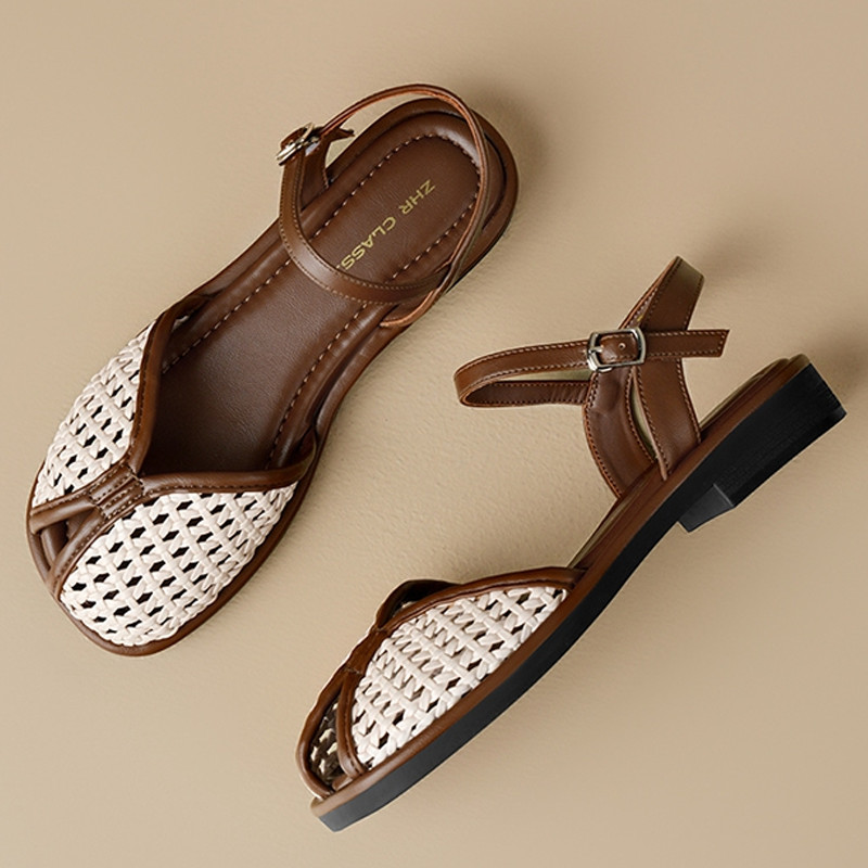 Atikota La Mã Sandal Retro Đế Bằng Cho Nữ Bện Cắt Ra Nửa Gói Giày Mùa Hè Thoải Mái