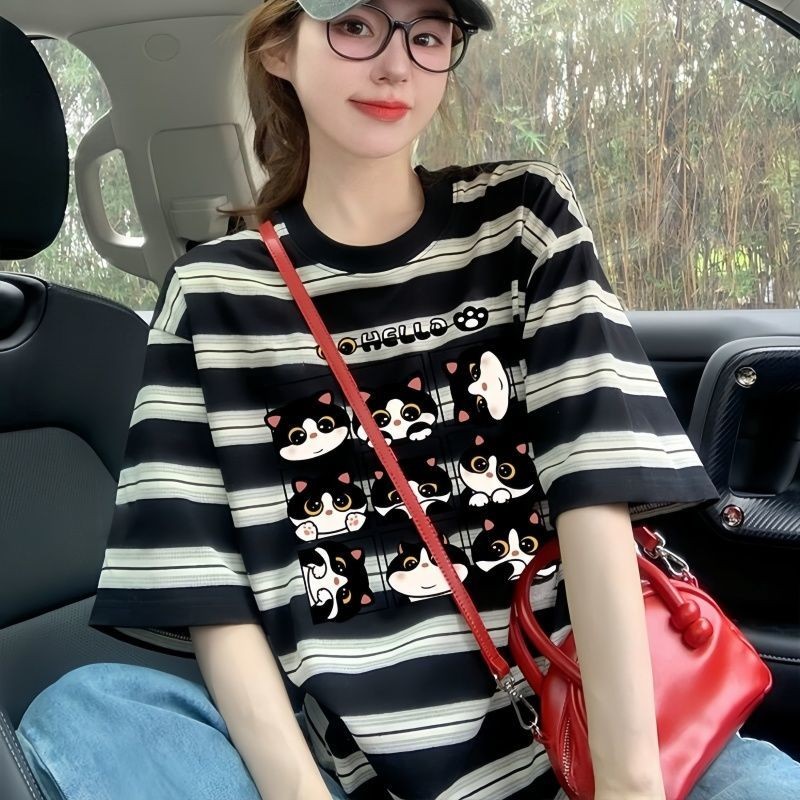 Mỹ Retro Sọc Sinh Viên Áo Thun Nữ Tay Ngắn Thiết Kế Mùa Hè Niche Top