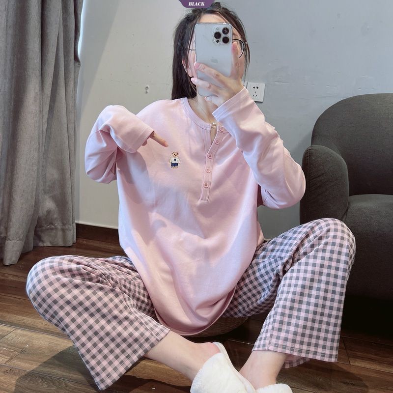 Bộ Đồ Ngủ Mới Mùa Xuân Nữ Cổ Tròn Ins Phong Cách Dài Tay Kẻ Sọc Gấu Rời Homewear Bộ Đồ Hai Mảnh [BL]