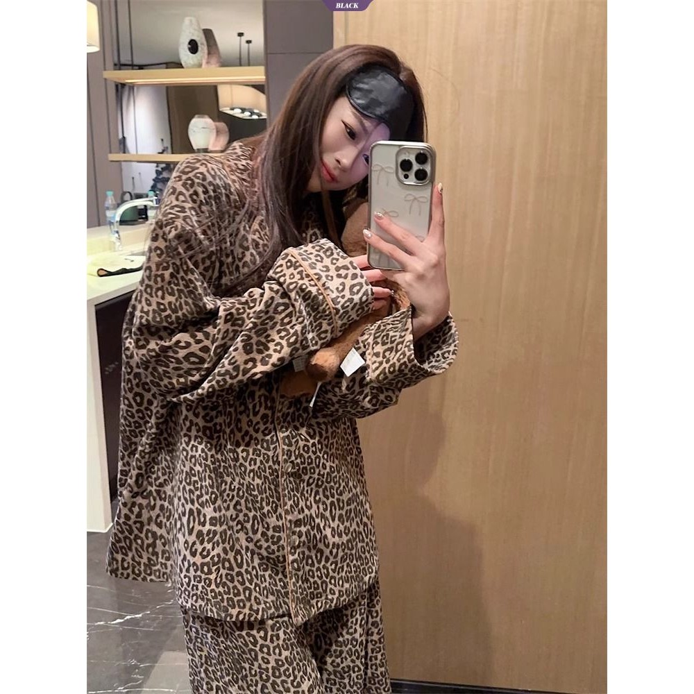 Bộ đồ ngủ in họa tiết da báo cao cấp dành cho nữ Xuân Thu Áo len Cardigan dài tay đơn giản Bộ đồ mặc nhà ngọt ngào [BL]