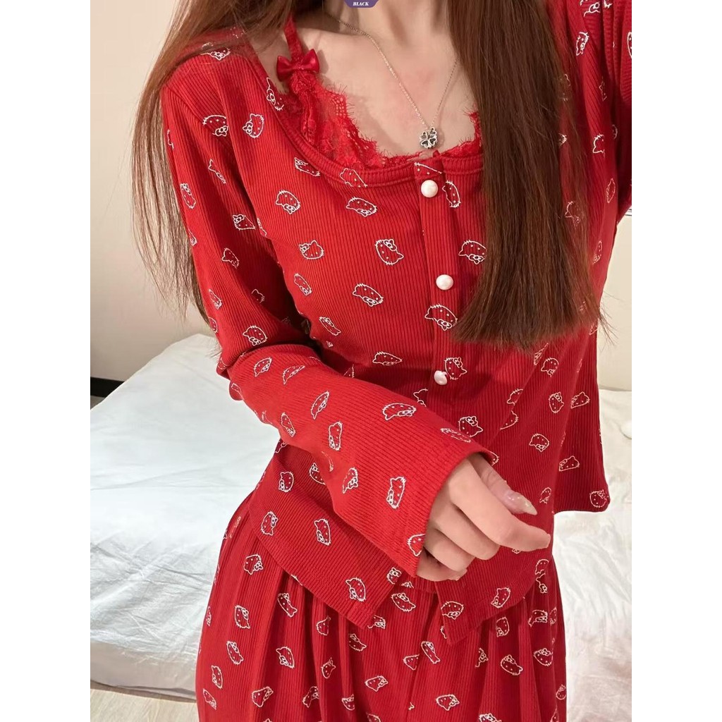 Bộ Đồ Ngủ HelloKitty Dễ Thương Nữ Xuân Thu Mẫu Gợi Cảm Pure Desire Ren Edge Dài Tay Homewear Suit [BL]