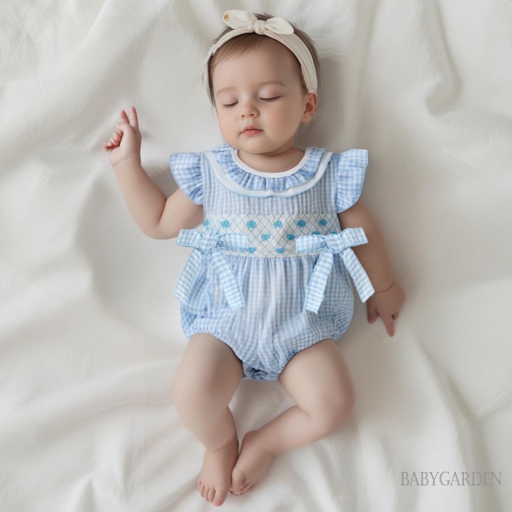 / / -Baby Bé Gái Rompers Nơ Thêu Kẻ Sọc Xù Cổ Tròn Tay Bay Quần Áo