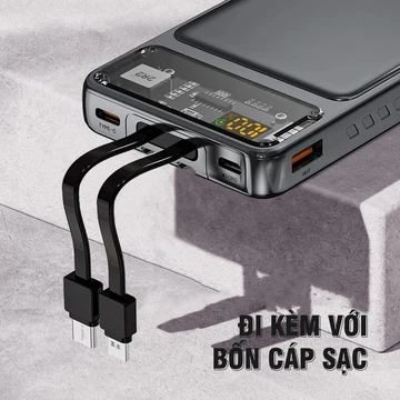 Thiết Kế Trong Suốt, Tích HợpNgủ Sạc dự phòng Sạc dự phòng 20.000mAh Với 2 Cổng Sạc Nhanh 100W và PD 22.5W Kèm 4 Đầu Sạc