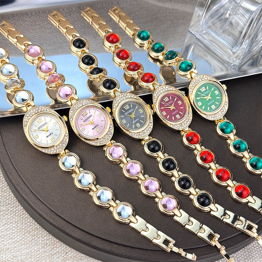 Đồng hồ nữ Bộ kim cương hình elip Vòng tay đá quý màu kho báu Fortune Treasure Đồng hồ thạch anh nữ Năm màu để lựa chọn: Trắng, Hồng, Đen, Đỏ, Xanh lục