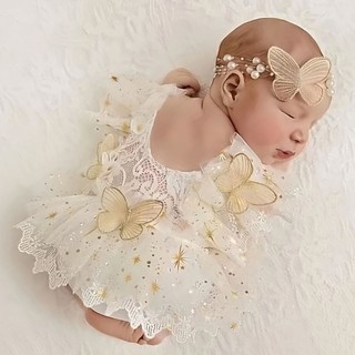 DE Bộ đồ liền thân ren tinh tế với thiết kế hình con bướm Trang phục chụp ảnh sơ sinh