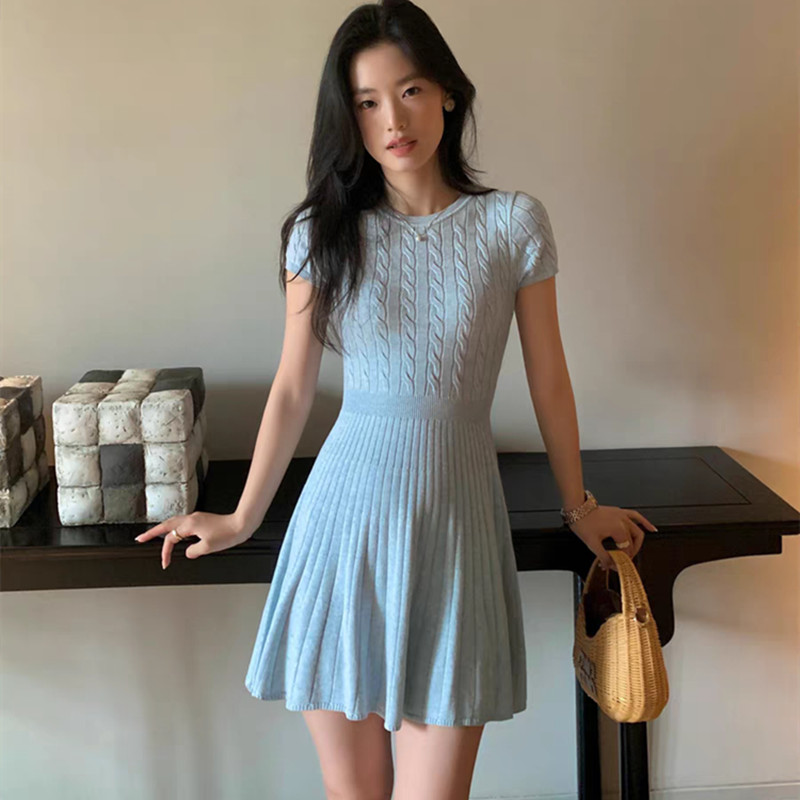 SUXI Váy dệt kim ngắn tay cổ điển đơn giản mùa hè mới dành cho nữ 250512
