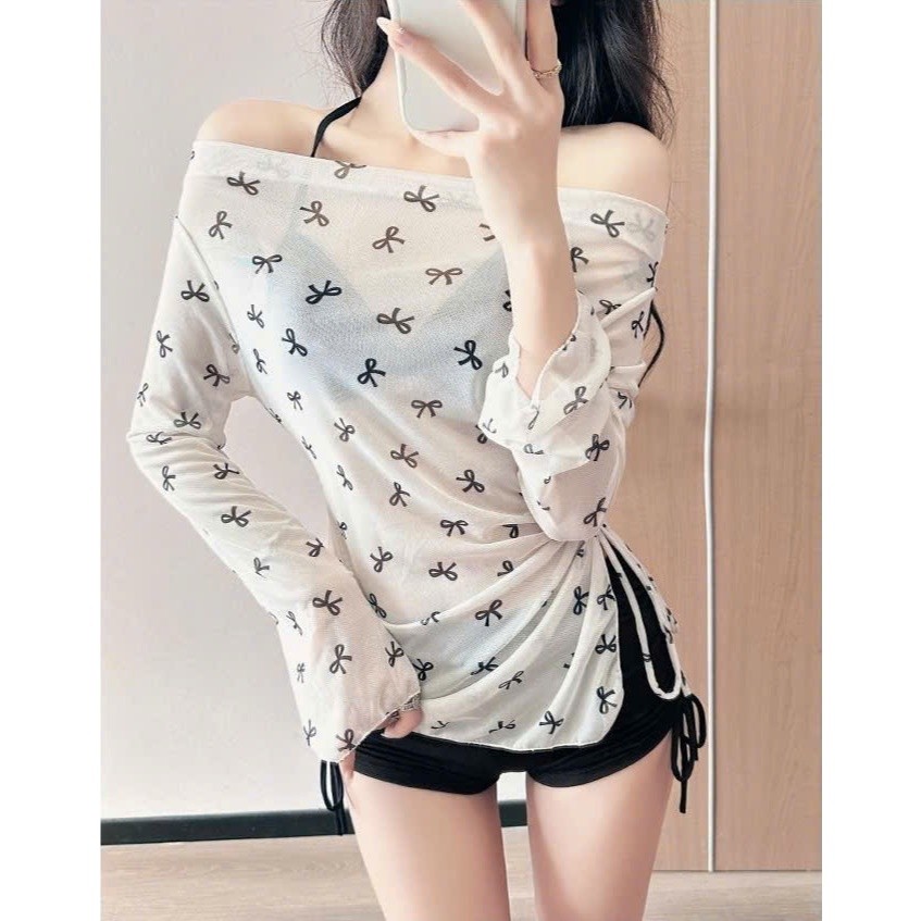 Set bộ đồ bơi bikini 3 chi tiết thiết kế họa tiết nơ trễ vai hottrend phong cách sexy gợi cảm XIMIMI BKN61
