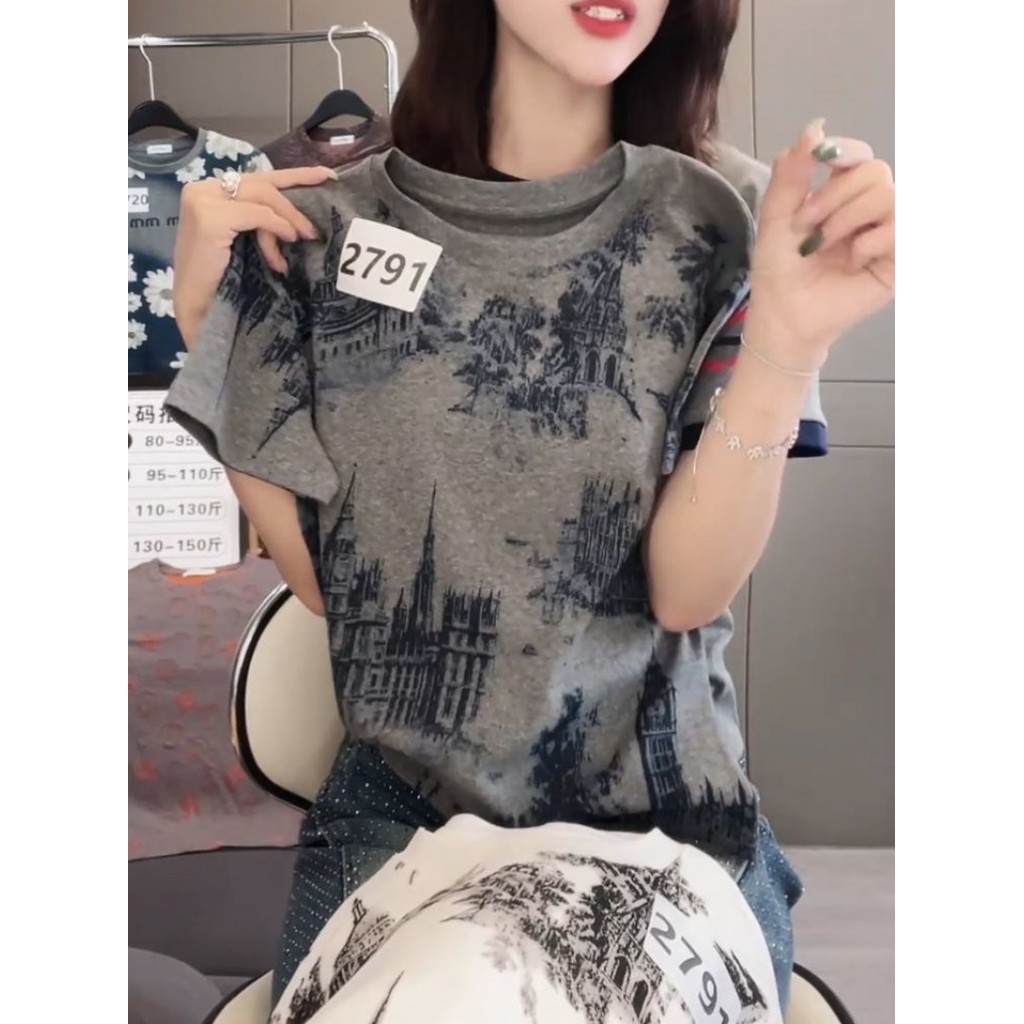 Áo thun nữ chữ cái mùa hè 2025 retro in mới giảm béo thời trang dáng rộng thường ngày chắp vá hàng đầu