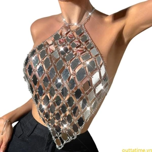 Phụ Nữ Tốt Nhất Acrylic Kim Cương Kim Sa Lấp Lánh Dây Cổ Camisole Lưng Crop Top Lễ Hội Đảng Cơ Thể Trang Sức Bất Đối Xứng Ngực