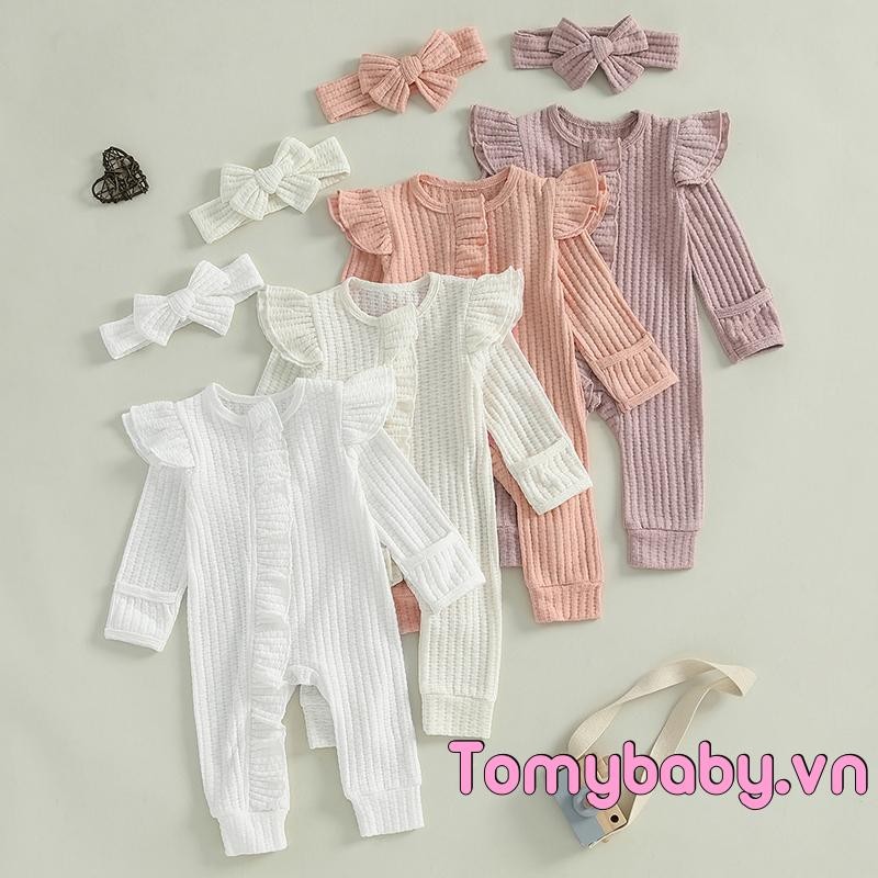 Bộ áo liền quần bé gái màu trơn xù Bộ áo liền quần dài tay Quần áo mùa thu có băng đô