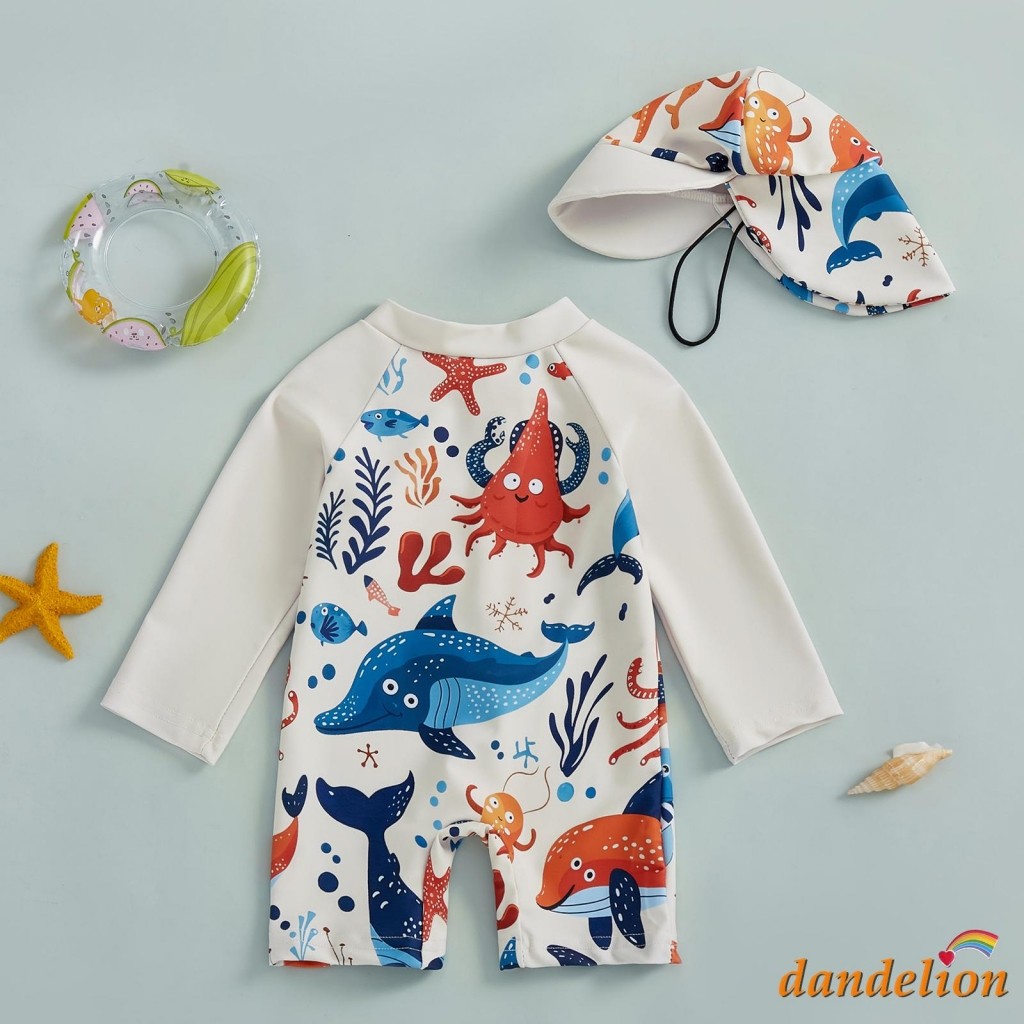 0-5 tuổi Trẻ em / Bé trai Rash Guard Bộ đồ bơi một mảnh in hình cá mập dài tay nửa có khóa kéo Bộ đồ tắm có mũ chống nắng
