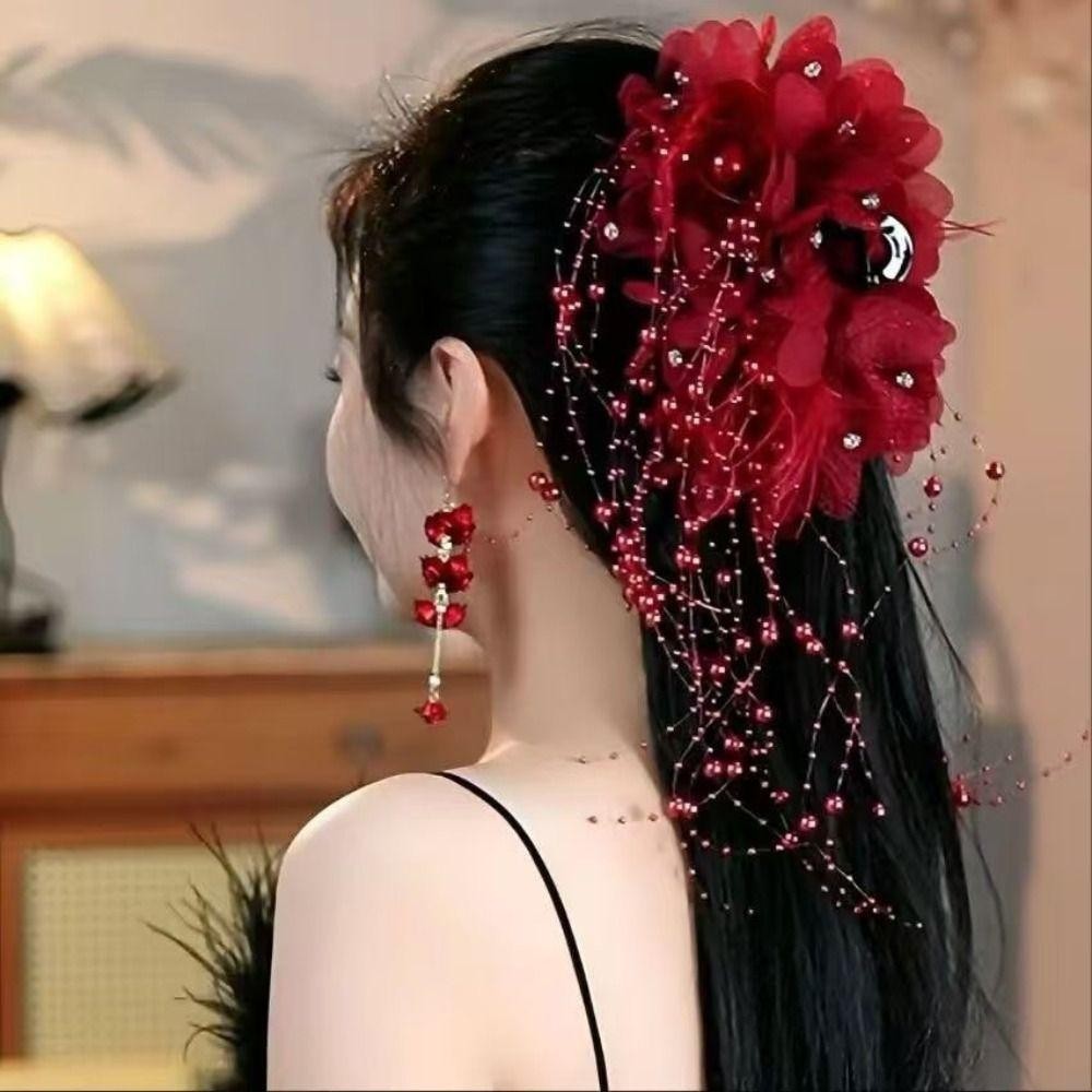 GOODH Nắm Kẹp, Vuốt Tóc Vải Bốn Hoa, Tua Rua Thời Trang Lông Hoa Ngọc Trai Phụ Kiện Tóc Cho Bé Gái