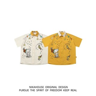 Áo sơ mi dáng rộng họa tiết Snoopy cổ điển, thoáng mát suốt mùa hè