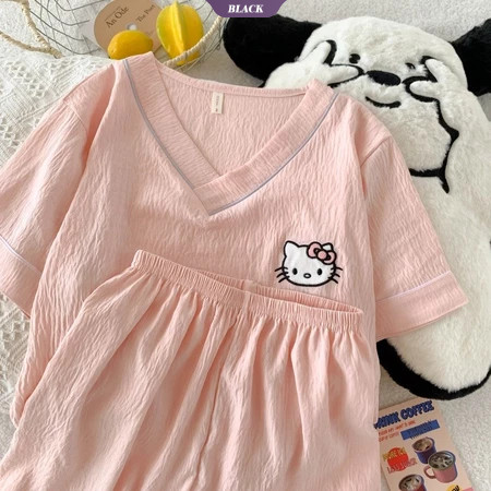 Hoạt Hình Hello Kitty Bộ Đồ Ngủ Nữ Mùa Hè Ngắn Tay Quần Short Cổ Chữ V Giải Trí Mặc Ở Nhà [BL]