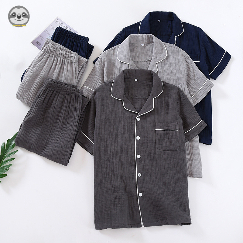Phong cách Nhật Bản Muji Style / Bộ đồ ngủ gạc hai lớp mùa hè dành cho nam / Bộ đồ lót Cotton nguyên chất phong cách đơn giản / Có thể mặc bên ngoài Quần áo dài tay mỏng phong cách