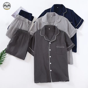 Phong cách Nhật Bản Muji Style / Bộ đồ ngủ gạc hai lớp mùa hè dành cho nam / Bộ đồ lót Cotton nguyên chất phong cách đơn giản / Có thể mặc bên ngoài Quần áo dài tay mỏng phong cách