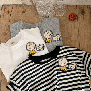 Áo thun cotton mùa hè cho trẻ em, tay ngắn sọc, in hình hoạt hình, có túi, thoải mái cho bé trai và bé gái