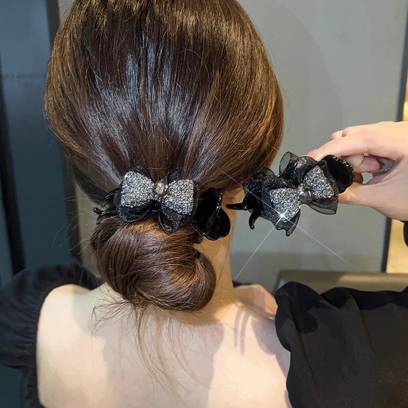 ✪Kẹp tóc búi nơ đá rhinestone cao cấp cho phụ nữ, kẹp tóc đuôi ngựa phía sau đầu, phụ kiện tóc mới 2024 K0KB