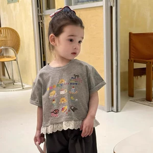 Áo thun ngắn tay phong cách Hàn Quốc mùa hè cho bé gái, in họa tiết hoạt hình thời trang, áo thun trẻ em có viền ren