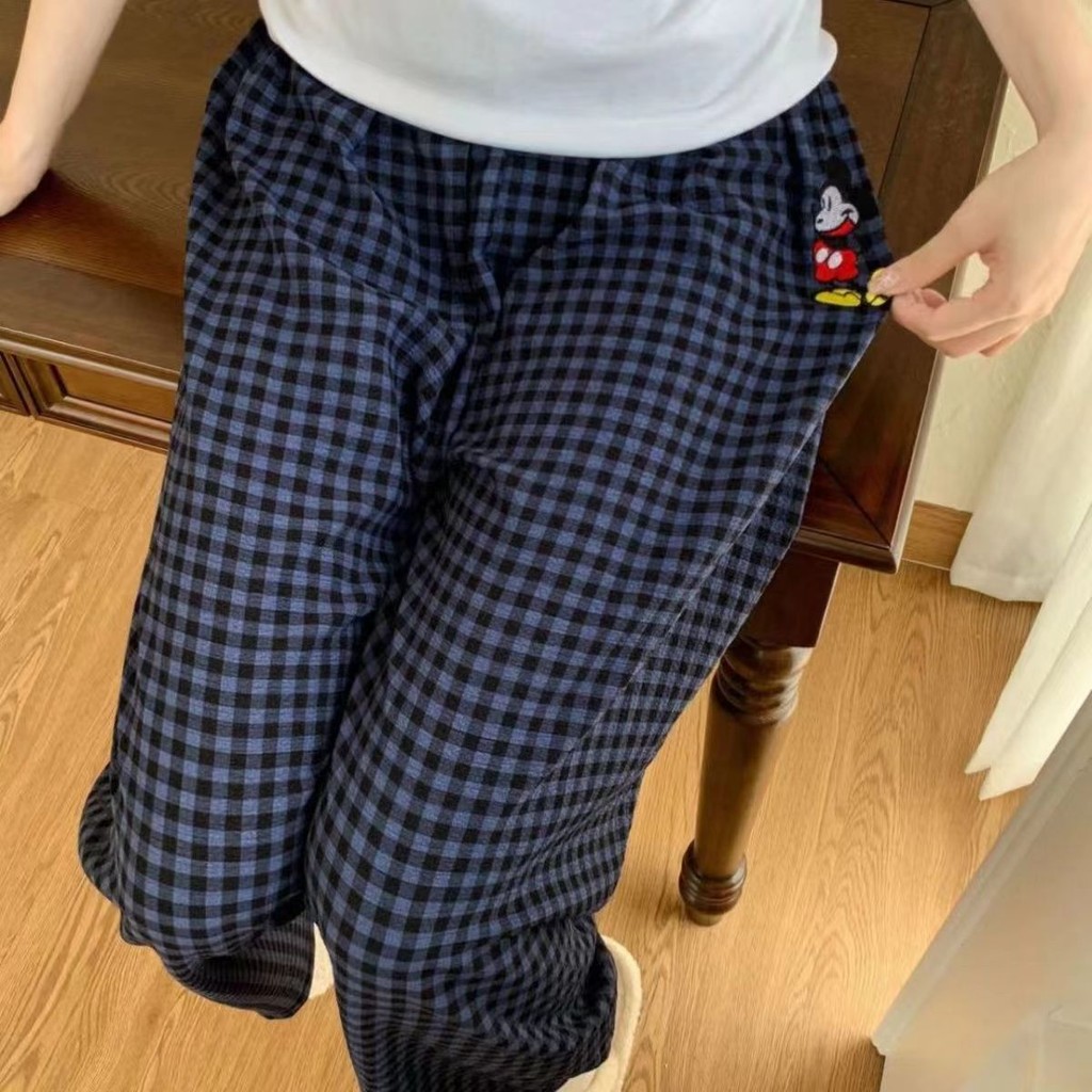 quần kẻ sọc ống rộng Quần kẻ caro xanh in hình Mickey, phong cách Hàn Quốc, quần thư giãn ở nhà