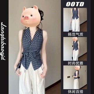 Kẻ sọc buộc dây eo hẹp Phong cách cơ bản Pháp Cổ chữ V Nơ màu xanh Phù hợp với cổ áo Tính khí Áo sơ mi hàng ngày đơn giản Áo Vest bé gái mặc ngoài mùa hè Slim