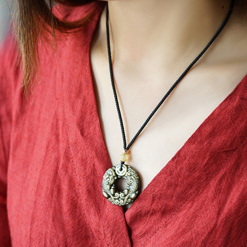 Vòng cổ mặt dây chuyền đôi Pixiu Obsidian, Trang sức mặt dây chuyền cổ điển dành cho nam nữ