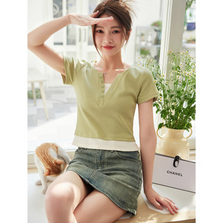 【Hạn giờ】 Váy Mùa Hè Giả Hai Mảnh Cổ Chữ V, Màu Sắc Tương Phản, FormSlim-Fit Cho Nữ