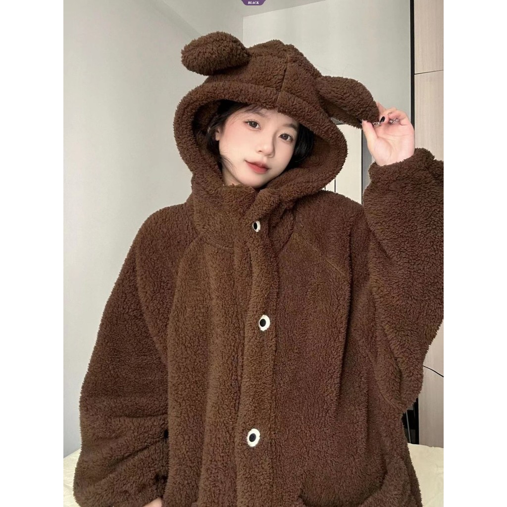 Bộ đồ ngủ nhung san hô có giá trị cao Nữ mùa thu đông Đệm dày Flannel ấm áp Áo choàng trùm đầu dài vừa phải [BL]