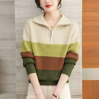 Phong Cách Mới Mẹ Trẻ Thu Đông Thời Trang Áo Len Chặn Màu Nữ Rời Plus Kích Thước Sọc Top Dệt Kim