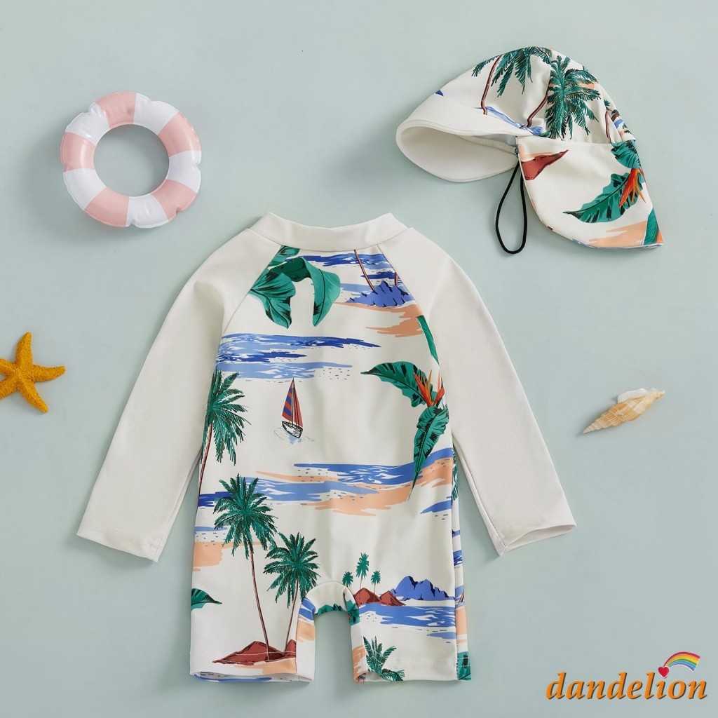 0-5 tuổi Trẻ em / Bé trai Rash Guard Bộ đồ bơi một mảnh in hình cá mập dài tay nửa có khóa kéo Bộ đồ tắm có mũ chống nắng