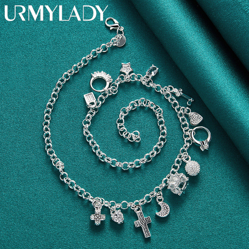 URMYLADY Bạc 925 Chữ Thập Chìa Khóa Trái Tim Ngôi Sao Zircon Mặt Dây Chuyền Vòng Cổ Cho Nữ Trang Sức