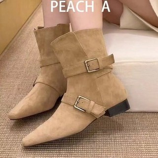 Bốt ngắn gót thấp mũi vuông khóa Thắt lưng nữ