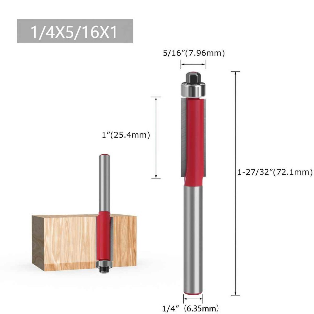 Mũi phay gỗ thẳng có bi mũi soi lấy nền Đỏ cốt 6.35mm