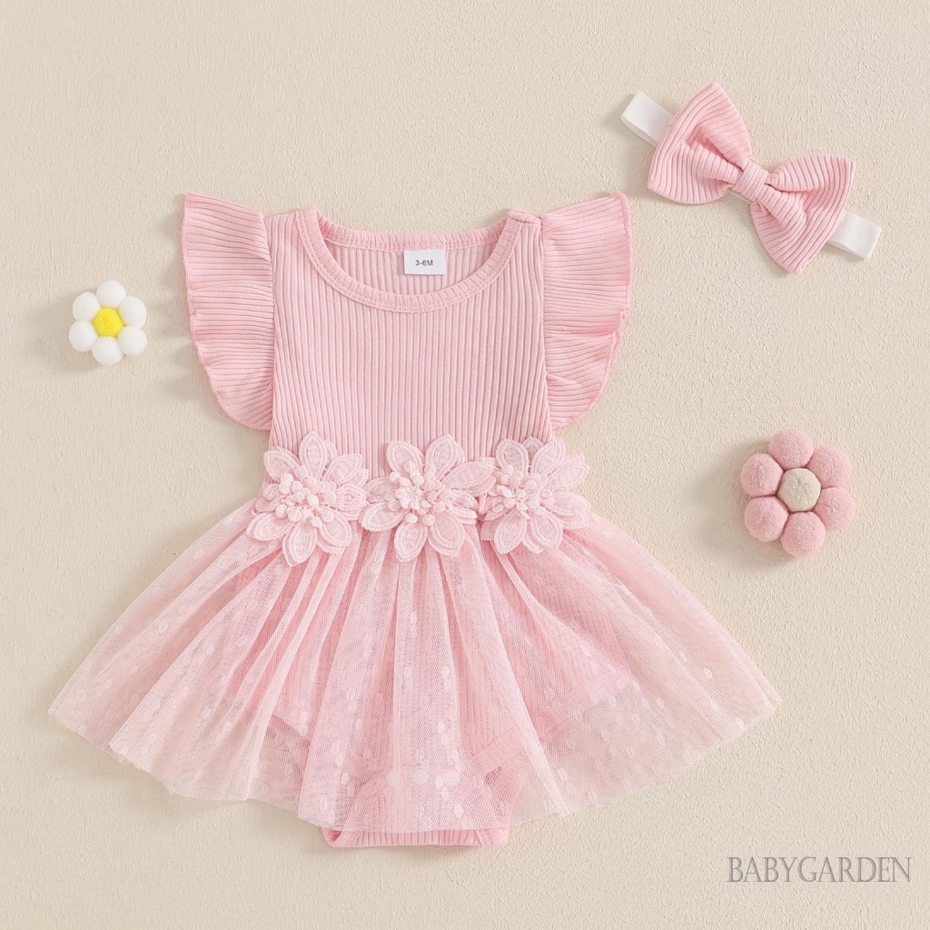/ / -Baby Girl Lưới Hem Tay Ngắn Cổ Tròn Hoa Miếng Dán Màu Trơn Dễ Thương Romper Đầm Có Nơ Băng Đô Mùa Hè