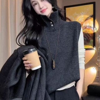 Pháp Bên Ngoài Mặc Nửa Mở Áo Len Cổ Rùa Áo Vest Nữ Đầu Thu Đông Ấm Áp Bên Trong Áo Vest Không Tay Top