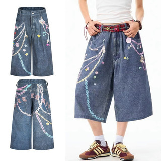 GKSSS Quần short denim nam kiểu Mỹ cổ điển dáng rộng phong cách hip-hop giản dị in dây chuyền màu phong cách trung tính
