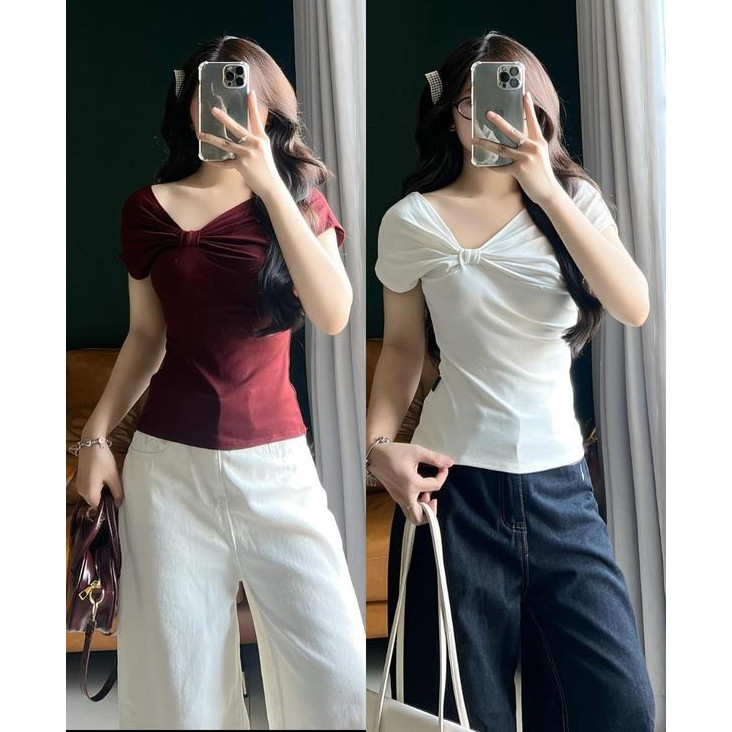 Áo Nhún Nơ Ngực Lệch Vai, Áo Thun Trễ Vai Xoắn Chéo Ngực Ôm Body Phong Cách Ullzang_A513