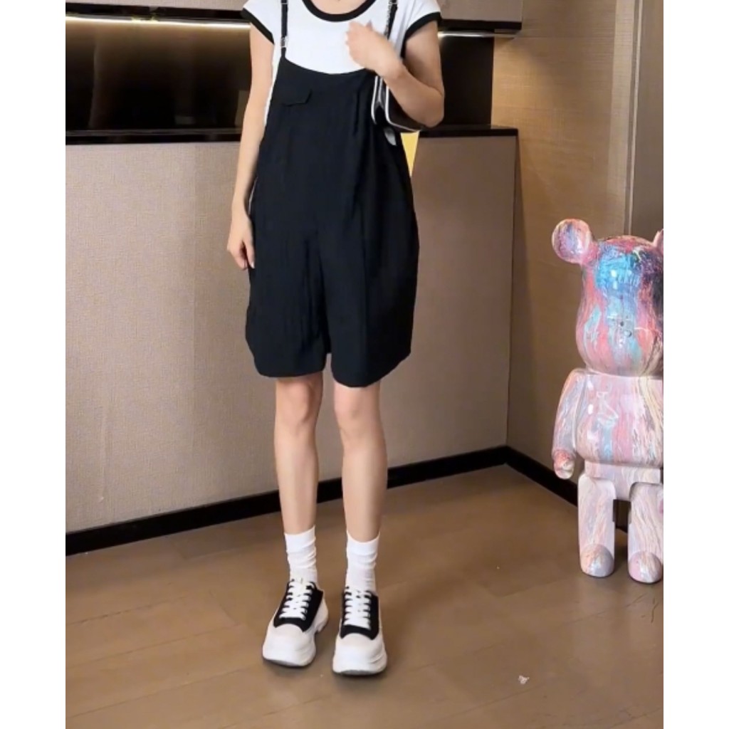Bộ đồ bà bầu Mùa hè Phong cách mới Thời trang Màu sắc tương phản Áo thun ngắn tay + Quần yếm Bộ đồ hai mảnh