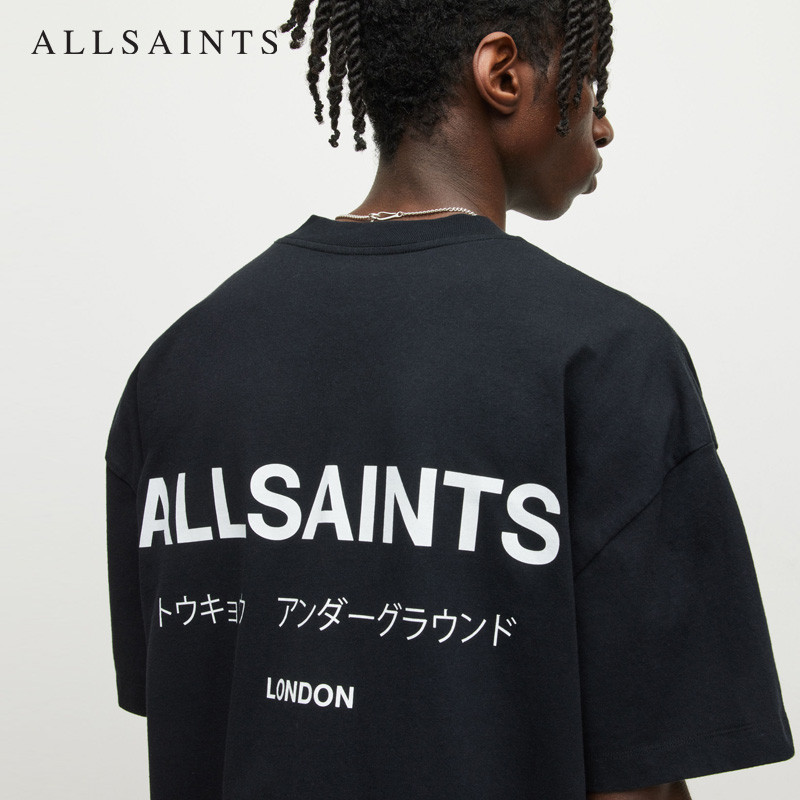 ALLSAINTS Áo thun nam ngắn tay họa tiết màu đen dáng rộng hàng đầu mùa hè cổ điển M071PB