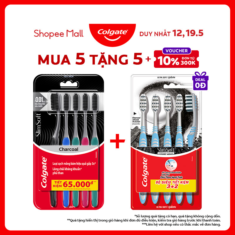 Ảnh Bộ 5 Bàn chải Colgate SlimSoft Charcoal than hoạt tính kháng khuẩn siêu mềm mảnh 1