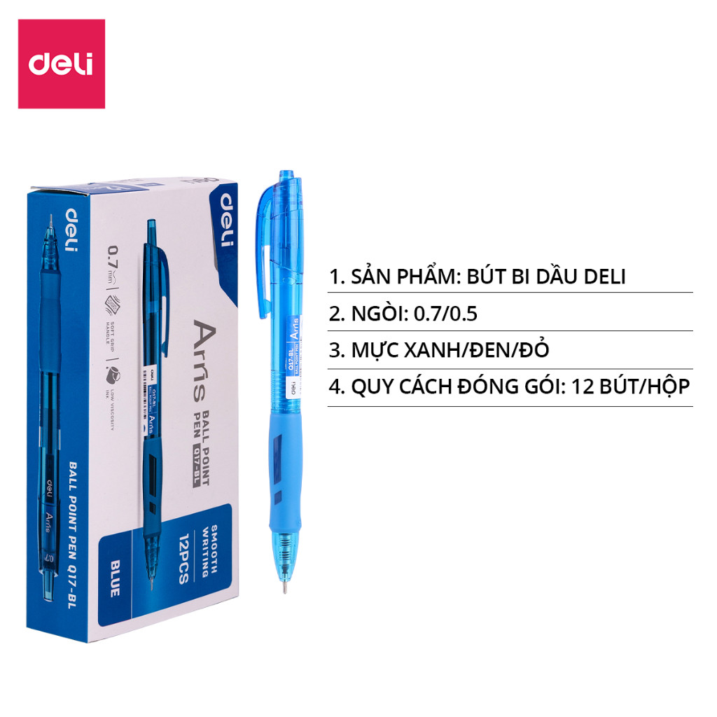 Combo 5/12/20 Bút Bi Mực Xanh Đen Đỏ Deli Ngòi Kim 0.7mm Siêu Mượt Dùng Cho Văn Phòng Công Sở