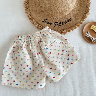 Quần short cotton mới mùa hè cho bé gái, in hình trái tim, quần trẻ em mỏng, rộng rãi, thoải mái cho trẻ sơ sinh