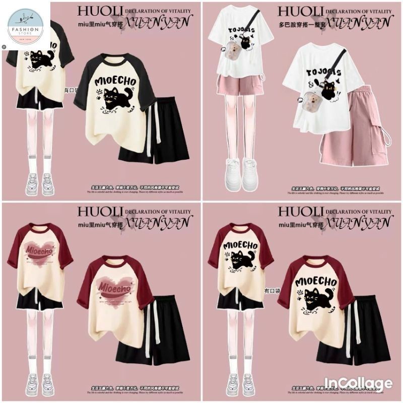 Tổng Hợp Các Sét bộ đồ cộc tay mùa hè quần đùi trơn + mix áo phông nơ form rộng unisex-quần áo 94